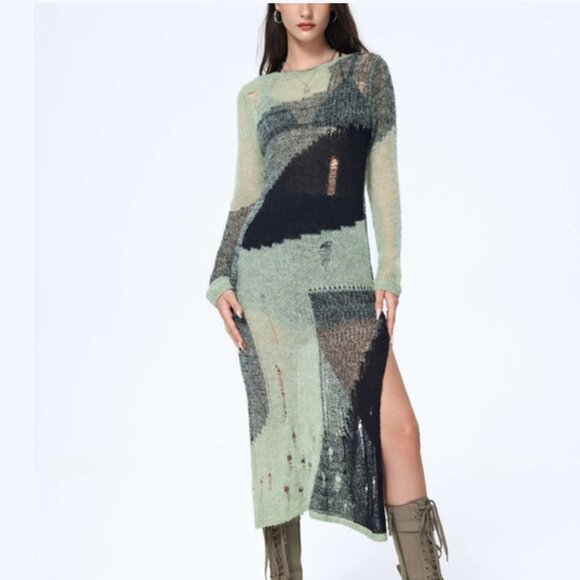 CIDER RIPPED KNIT MIDI DRESS - Women's M - Picture 1 of 4